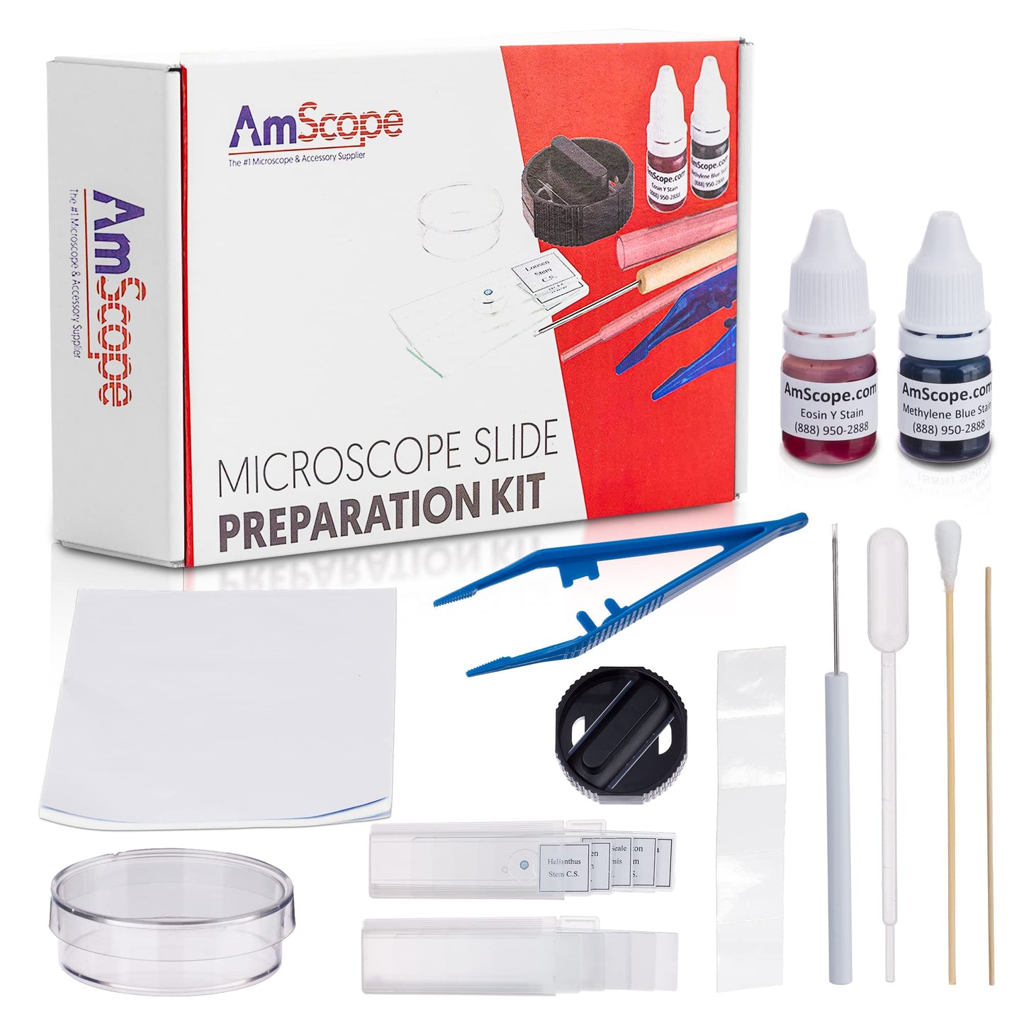 AmScope Microscope Slide Preparation Kit - Includes Blank Microscope Slides, Eosin Red & Methylene Blue Stain Powders, Tweezers, Swab & More - 22-Piece Kit