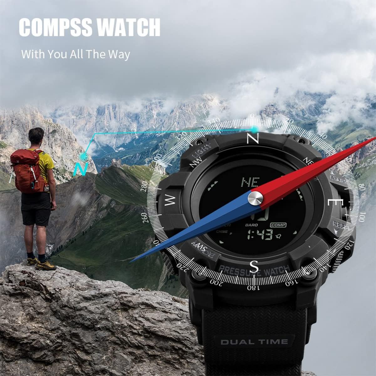 AOSLSI Watch Compass, Altimeter Barometer Thermometer Temperature, Pedometer, Military Army Waterproof Outdoors Sport Digital Watch for Men