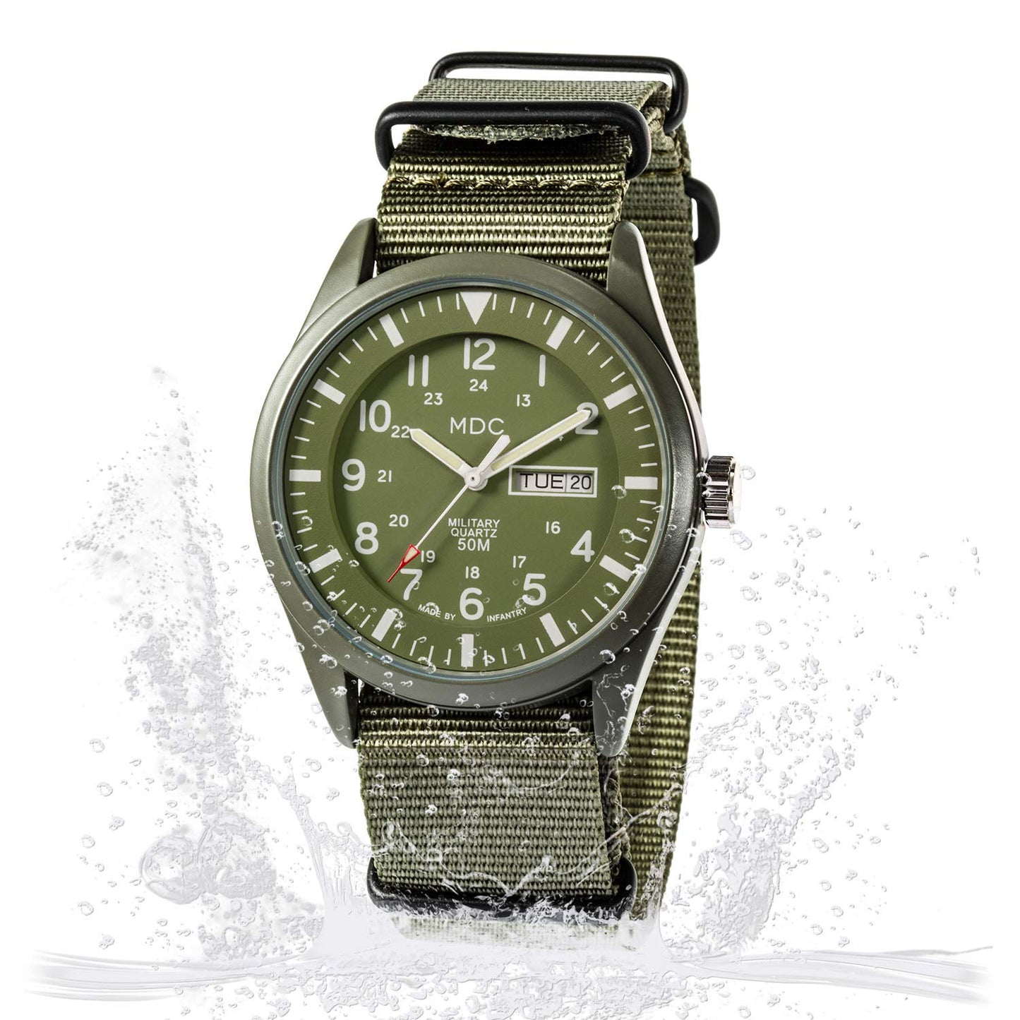 Infantry Military Watches for Men Analog Wrist Watch, Tactical Waterproof Outdoor Sport Mens Quartz Wristwatch, Date Day Work Field Army Green w/Nylon Band by MDC