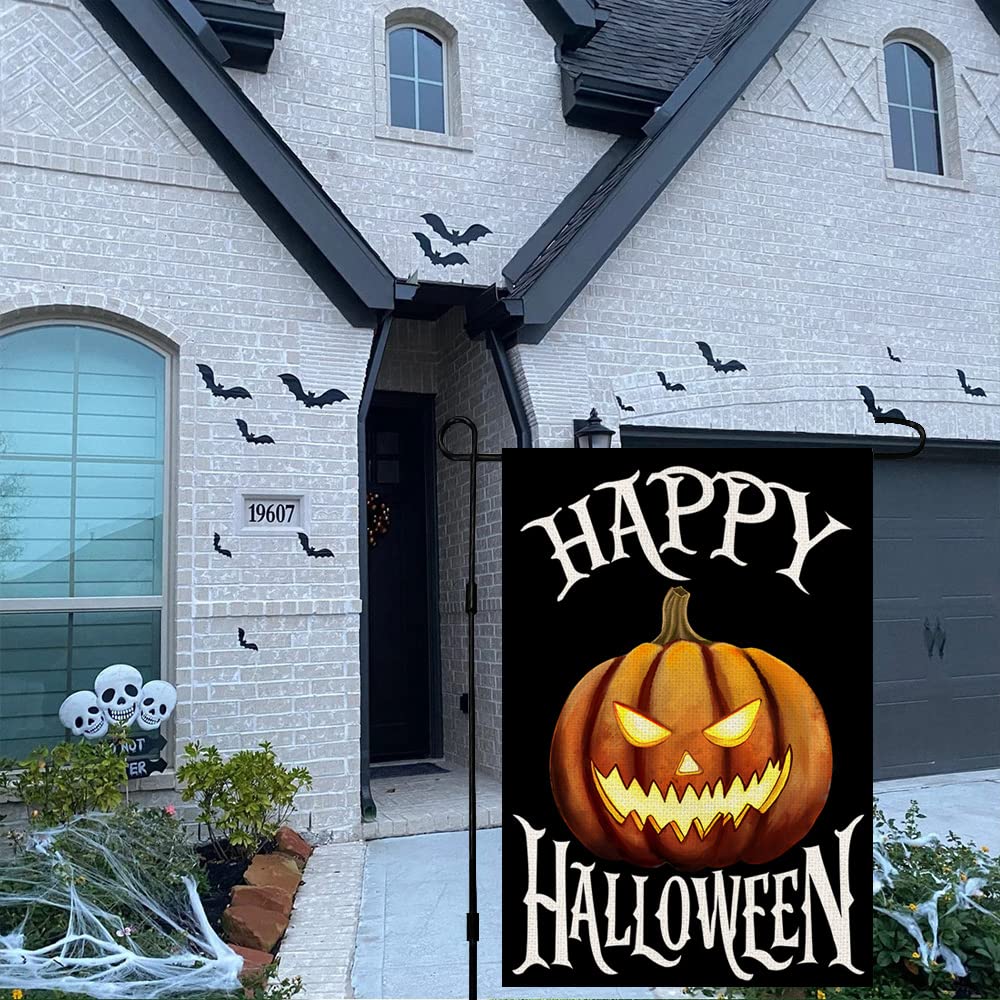 Happy Halloween Garden Flag 12 x 18 Inch Burlap Vertical Double Sided, Scary Pumpkin Holiday Yard Outdoor Decoration DF092