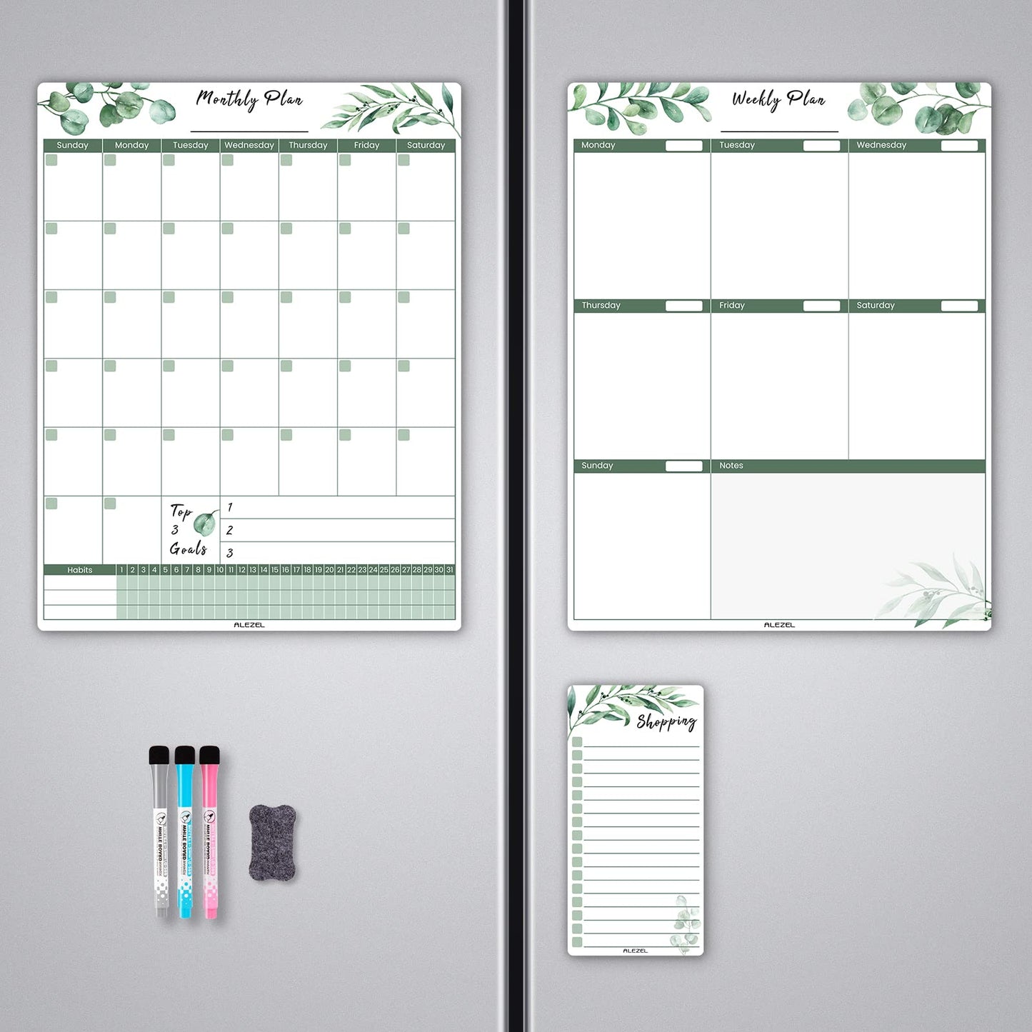 ALEZEL Magnetic Calendar for Refrigerator, Greenery Dry Erase Fridge Calendar Set (3 Boards) - Monthly & Weekly Planner Whiteboard, Shopping List White Board, 3 Markers + Eraser