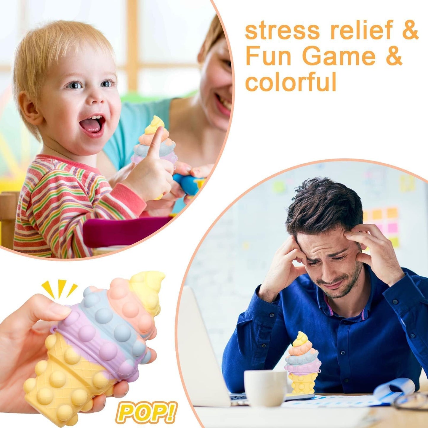 Anboor Fidget Toys, 3D Ice Cream Pop Stress Ball Sensory Toy Anxiety Stress Reliever Toy for Autism Early Education Halloween Presents Ideas Teens Adults Presents Girls Boys Toddler