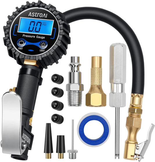 AstroAI Digital Tire Pressure Gauge with Inflator(3-250 PSI 0.1 for Display Resolution), Heavy Duty Air Chuck and Compressor Accessories with Rubber Hose and Quick Connect Coupler, Blue