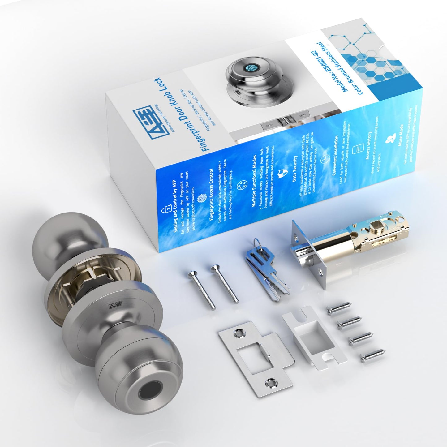 AST Fingerprint Door Knob with Autolock, Passage and Privacy Functions, Rechargeable Keyless Smart Door Knob Lock, Digital Biometric Door Knob with APP (Brushed Stainless Steel)