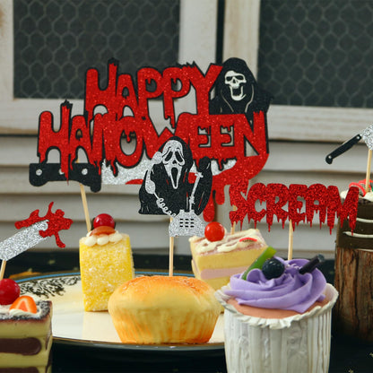 Wolpark 25pcs Have a Killer Halloween Cake Toppers Glitter Scream Cupcake Toppers Ghost Face Decorations for Scream Theme Birthday Halloween Party Cake Decorations Supplies