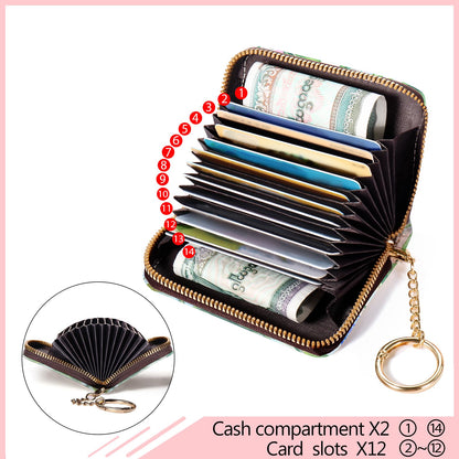 Blusabaca RFID Wallet, Credit Card Holder for Women, Bird Small Wallet with Card Slots Zipper, Leather RFID Card Holder, Card Keychain Wallet, Card Case RFID Blocking Accordion Gift