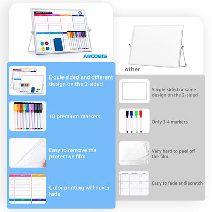 ARCOBIS Dry Erase White Board with Stand, 12" x 16" Weekly Double-Sided Desktop Whiteboard 10 Markers, 4 Magnets, 1 Eraser, Portable Magnetic Dry Erase Calendar for Planning, to Do List, Memo, School