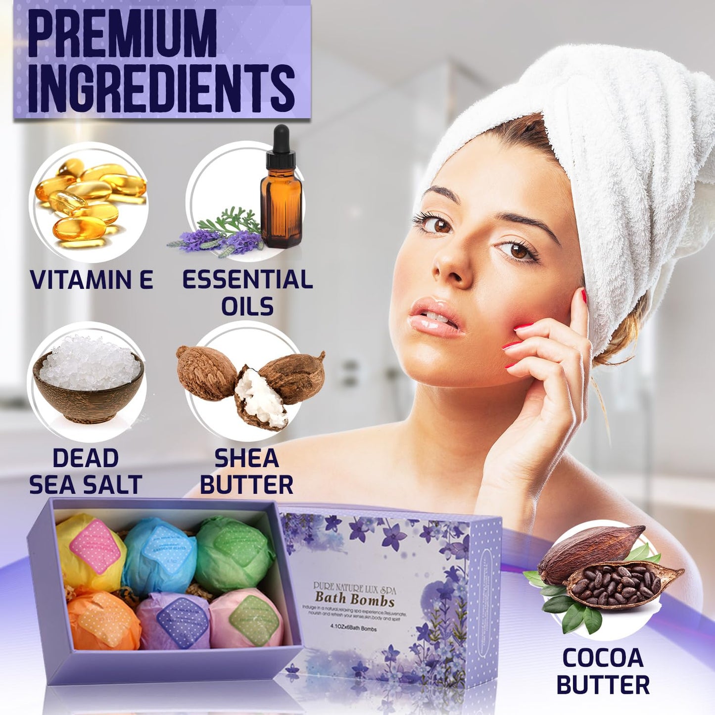 Bath Bombs Gift Set - Ultra Bubble XXL Fizzies (6 x 4.1 oz) with Natural Dead Sea Salt Cocoa and Shea Essential Oils, The Best Birthday Gift Idea for Her/Him, Wife, Girlfriend, Women, Kids