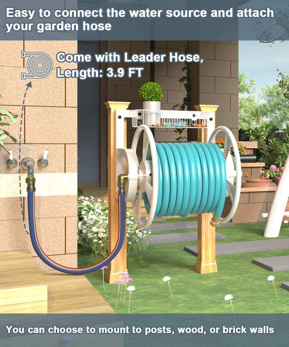 Artigarden Outdoor Garden Hose Reel Wall Mount, Heavy-Duty Water Hose Holder Winder with 3.9 ft Leader Hose, Brass Fitting and Storage Basket for Yard, Holds 125 Feet of 5/8-Inch Hose, White