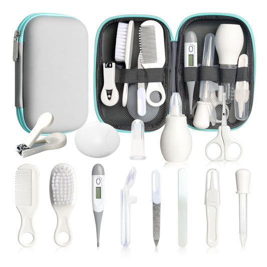 Baby Healthcare and Grooming Kit, 14 in 1 Baby Safety Set Newborn Nursery Health Care Set with Hair Brush Scale Nail Clippers for Baby Girls Boys (14 Kits Grey White)