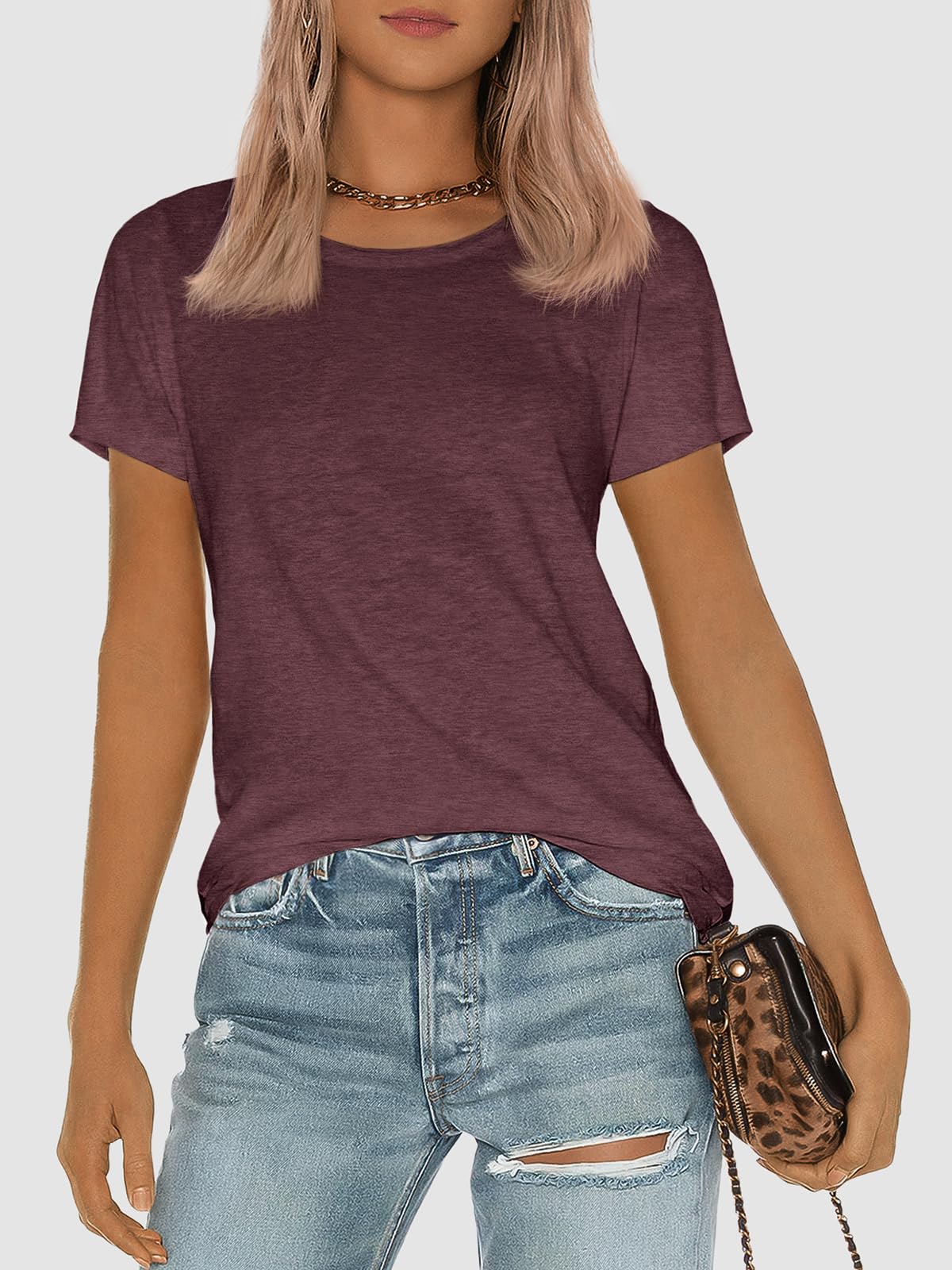 ATHMILE Womens Tops Dressy Casual T Shirts Crewneck 2025 Summer Casual Tops Fitted Shirts Basic Tee Wine Red