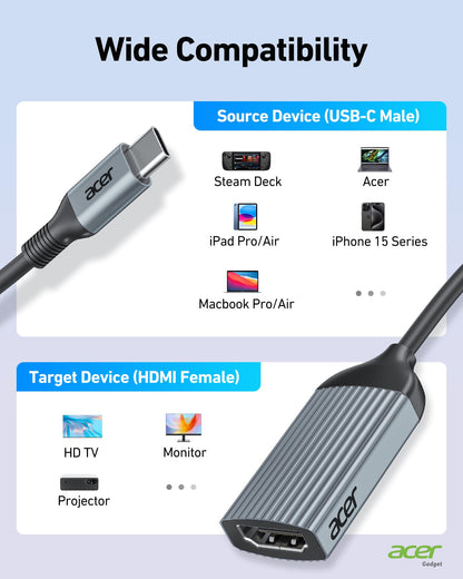 acer USB-C to HDMI Adapter 4K@60Hz, (High Speed, Thunderbolt 3/4) Type C to HDMI Converter Compatible with MacBook Pro/Air, iPhone 16 15 Pro/Max, iPad Pro/Air, Surface, Dell XPS, Chromebook and More