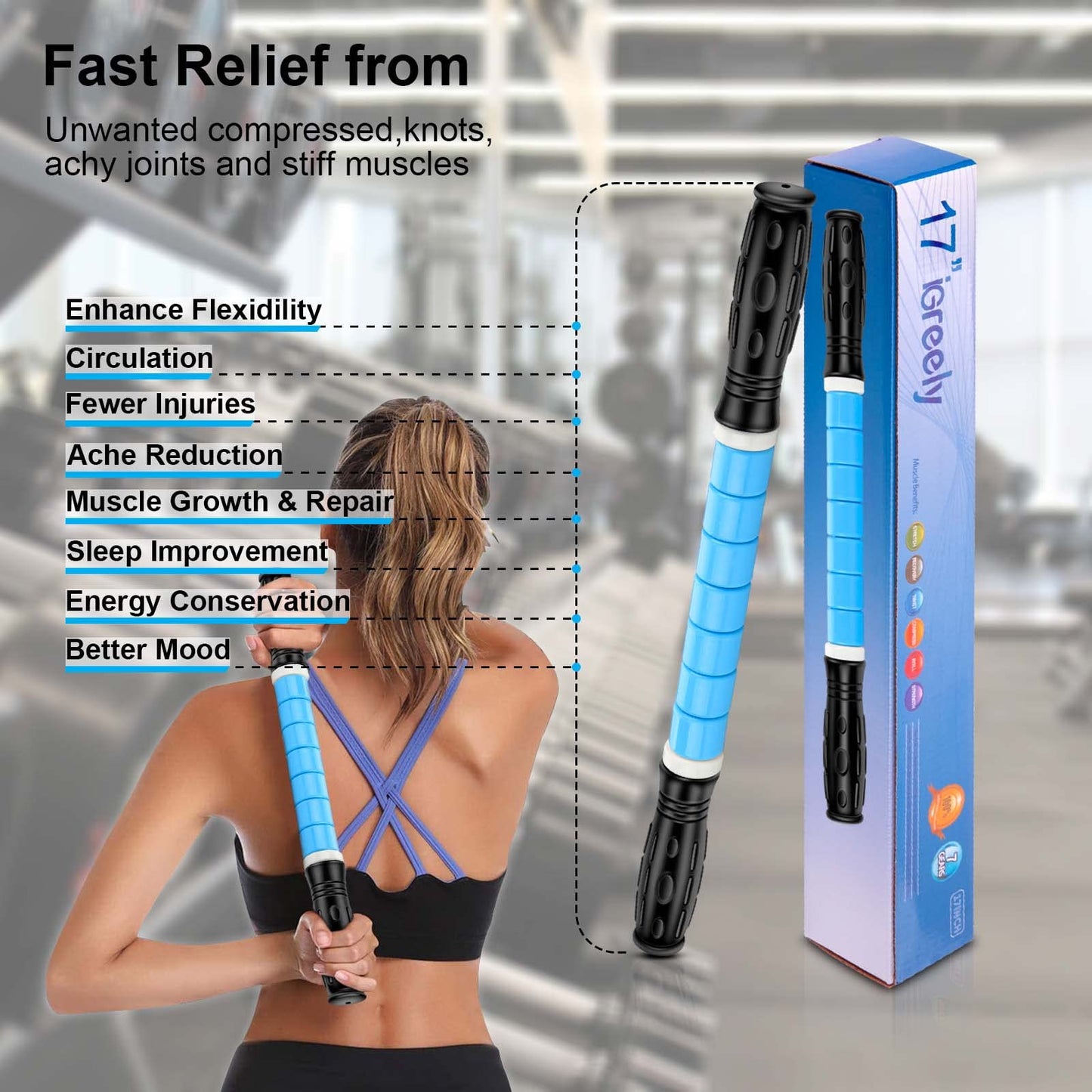 iGreely Premium Muscle Roller The Ultimate Massage Roller Stick 17 Inches Recommended by Physical Therapists Promotes Recovery Fast Relief for Cramps Soreness Tight Muscles Blue