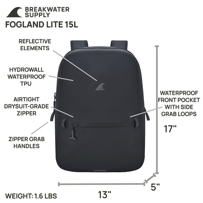 Breakwater Supply™ Fogland Lite Small Waterproof Submersible Backpack with Laptop Sleeve & Airtight Zippers for Outdoors, Surfing, Kayaking, Hiking, Cycling, Unisex TPU Dry Bag (Stealth Black, 15L)