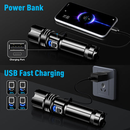 ANKRA 90000LM High Lumen Rechargeable LED Flashlight, High Lumens XHP70.2, 10 Modes Zoomable,Waterproof,USB Output Power Bank,Tactical Flashlight for Camping,Hiking,Emergencies (2-Pack)