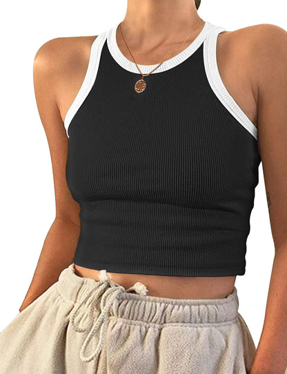 AUSELILY Womens Tank Top Womens Round Neck Basic Racerback Ribbed Tank Top Women(Black White,XL)