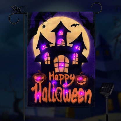 Happy Halloween Garden Flag LED Lighted Vertical Double Sided Garden Flag Halloween Castle Holiday Farmhouse Outdoor Yard Lawn Decoration 12.5 x 18 Inch