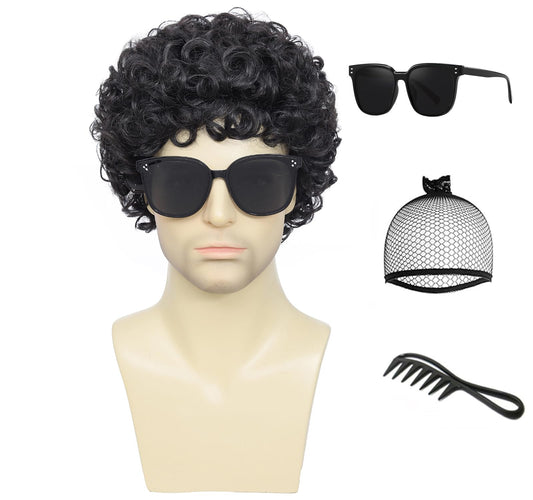 Adequate Mens Short Afro Curly Wigs for Male 70s 80s Disco Wig Guy Rocker Wig Halloween Cosplay Fancy Wigs for Daily Party Costume (Black)