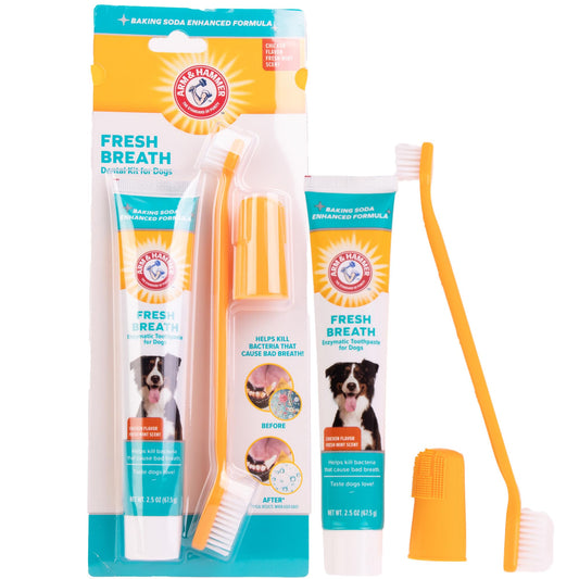Arm & Hammer for Pets Fresh Breath Enzymatic Dog Dental Care Kit - Includes Dog Toothpaste, Dual Sided Toothbrush and Fingerbrush - Bad Breath Treatment, Chicken Flavor, 2.5 Ounce