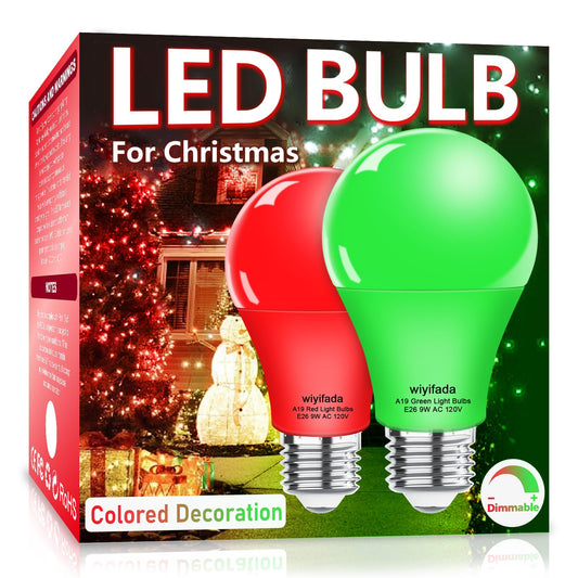Wiyifada 2 Pack A19 LED Red Green Light Bulbs,9W Christmas Light Bulbs Replace to 100W, 120V E26 Dimmable Colored Light Bulb for Halloween， Home Lighting, Party Decoration, Holiday Lighting