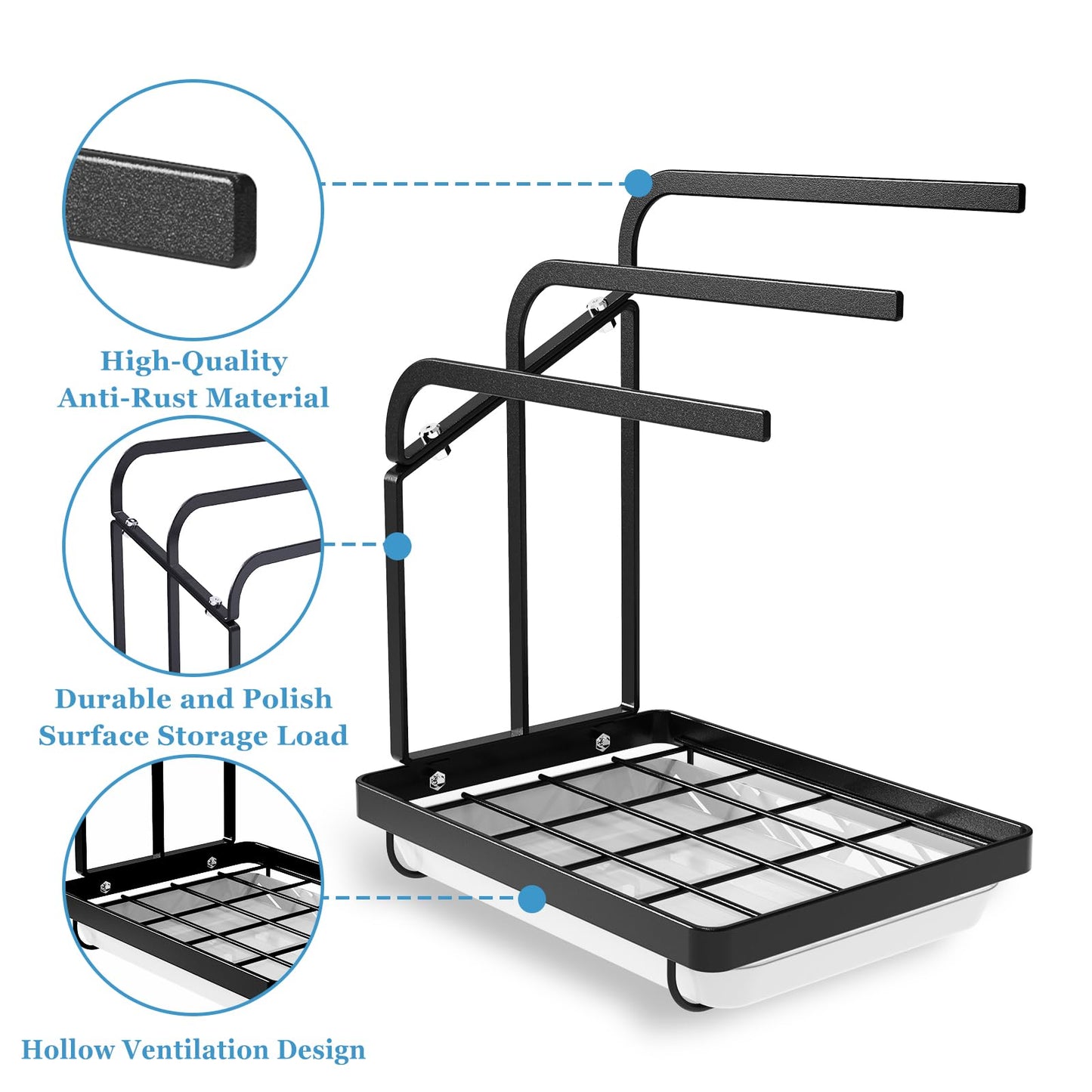 Apsan Sponge Holder with Drain Pan for Kitchen Sink, Kitchen Sink Caddy Organizer for Sponge Brush Soap Dish Dishcloth Rack, Small Black