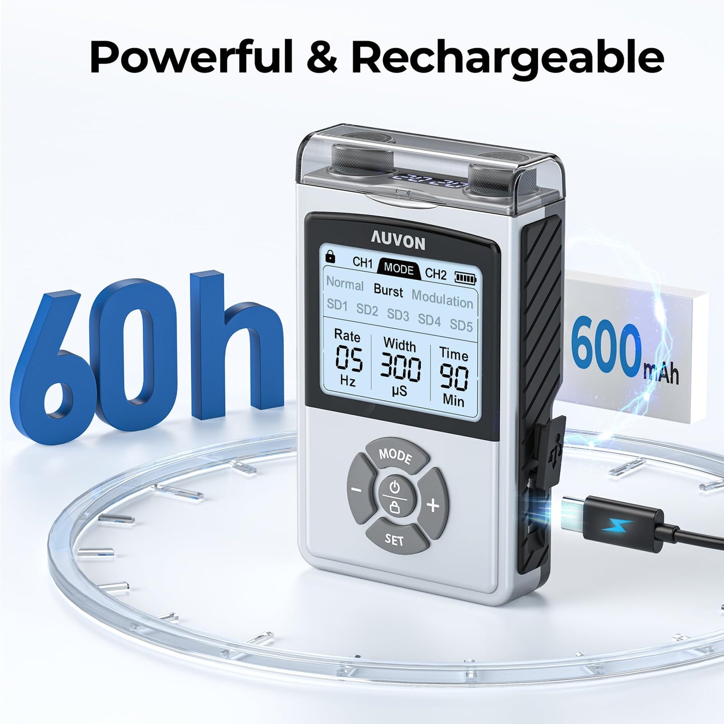 AUVON Rechargeable Digital TENS Unit Muscle Stimulator with 600 mAh Battery, TENS Machine with 8 Customizable Modes, Electric Massager for Shoulder, Back Pain Relief, 6 TENS Pads, A Carry Case