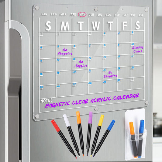 Acrylic Magnetic Dry Erase Board Calendar for Fridge, 16.5"x12" Inch Clear Dry Erase Calendar for Refrigerator, Magnetic Planning Calendar Includes 6 Colors Dry Erase Markers and Magnetic Pen Holder