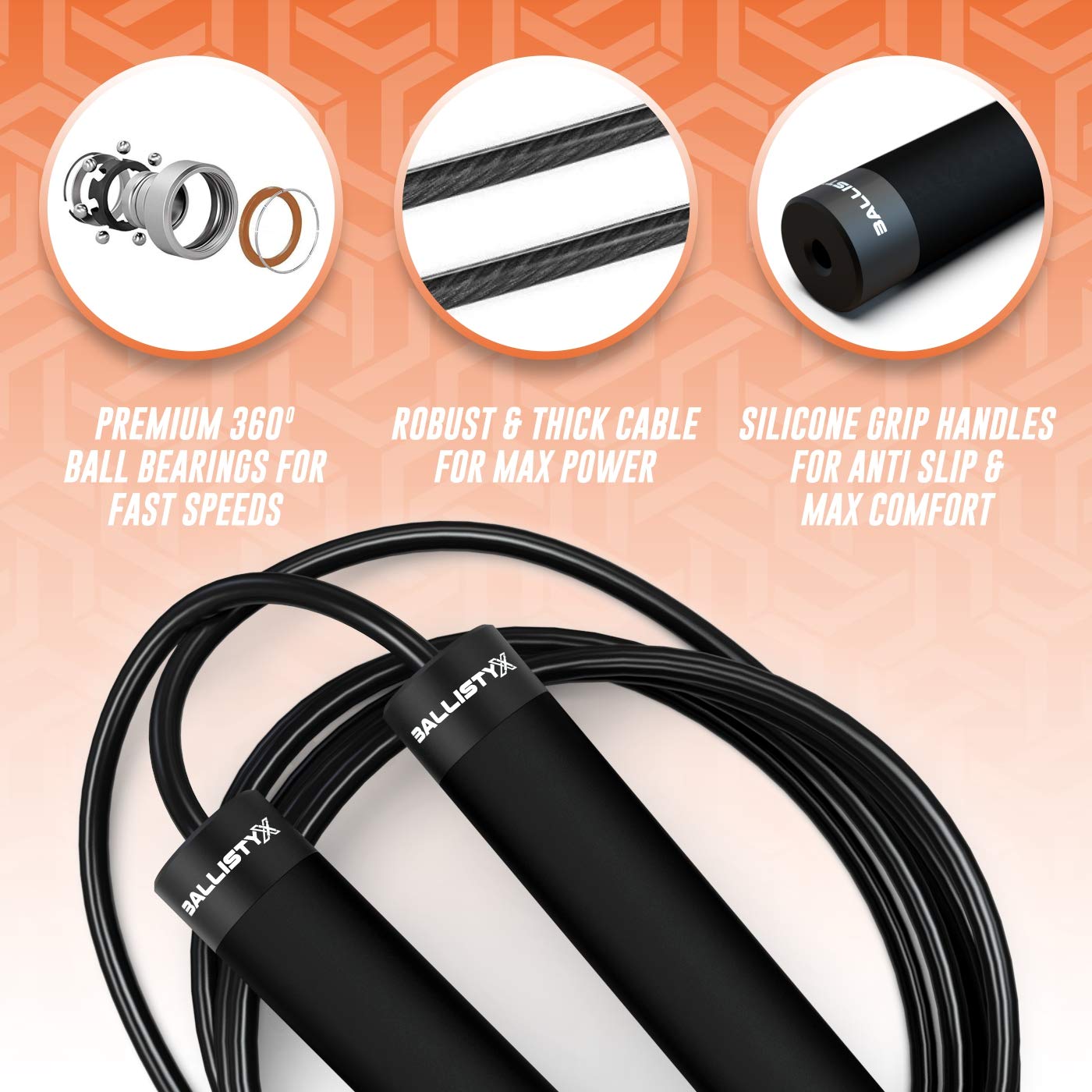 Ballistyx Jump Rope - Premium Speed Jump Rope with 360 Degree Spin, Steel Handles, Silicone Grips and 2 x Adjustable Cables - for Crossfit, Gym & Home Fitness Workouts & More - Black