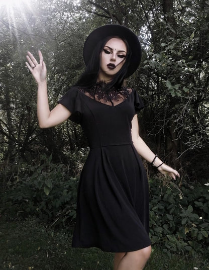 Womens Gothic Dress Lace Neck Flutter Sleeve Swing A-line Midi Dresses Black XL