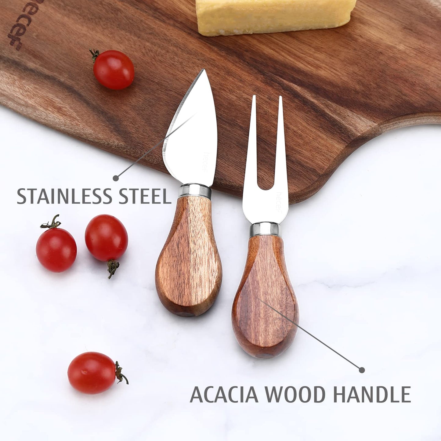 hecef Cheese Board set of 3,a Acacia Wood Cheese Plate, a Knife, a Fork, Charcuterie Board Platter Slate Serving Set(Cheese board with 2 knives)