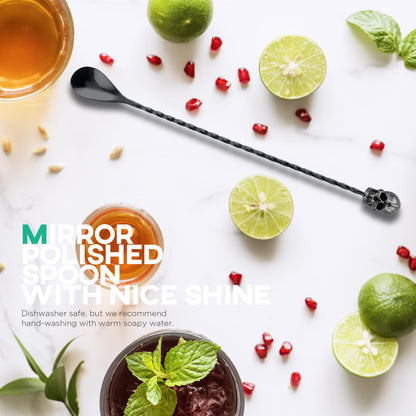 Homestia 12-Inch Skull Bar Spoon, 304 Stainless Steel Cocktail Spoon for Layering Long Spiral Handle Mixing Spoon Stirrers for Drink Black