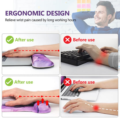 AIMSA Ergonomic Keyboard Wrist Rest and Mouse Pad with Wrist Support Set, Memory Foam Non-Slip Rubber Base, for Home, Office, Easy Typing, Pain Relief, Purple Marble