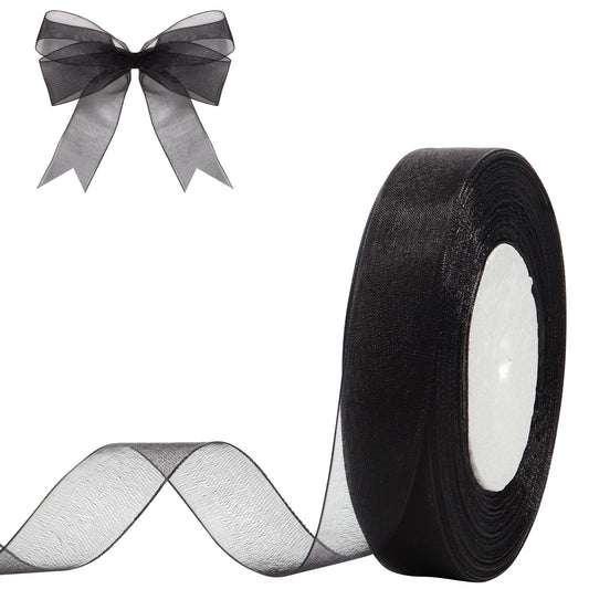 Hiswan 3/4 inch Sheer Organza Ribbon 50 Yards Black Chiffon Ribbon for Gift Wrapping Christmas Halloween Decoration Wedding Bouquet Crafts