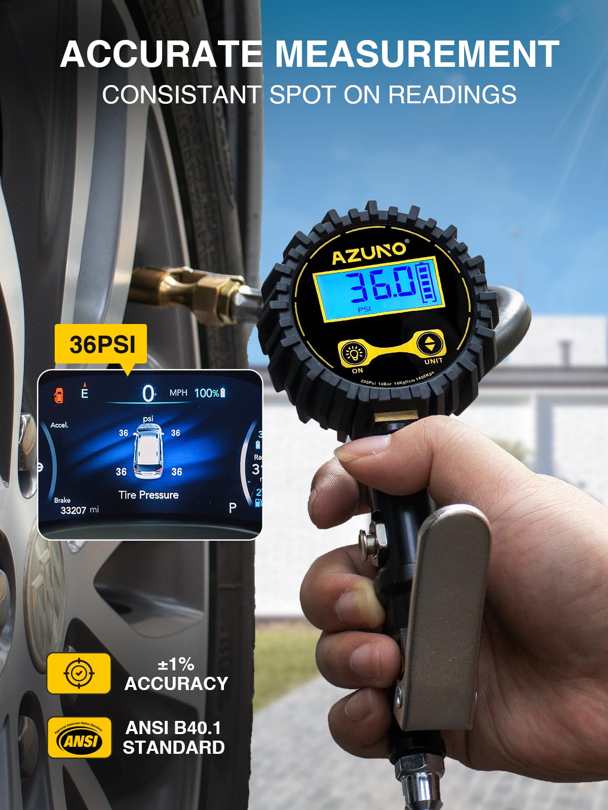 AZUNO Digital Tire Inflator with Pressure Gauge, 200 PSI, Heavy Duty Air Compressor Accessories, Comes with a Portable Carrying Box