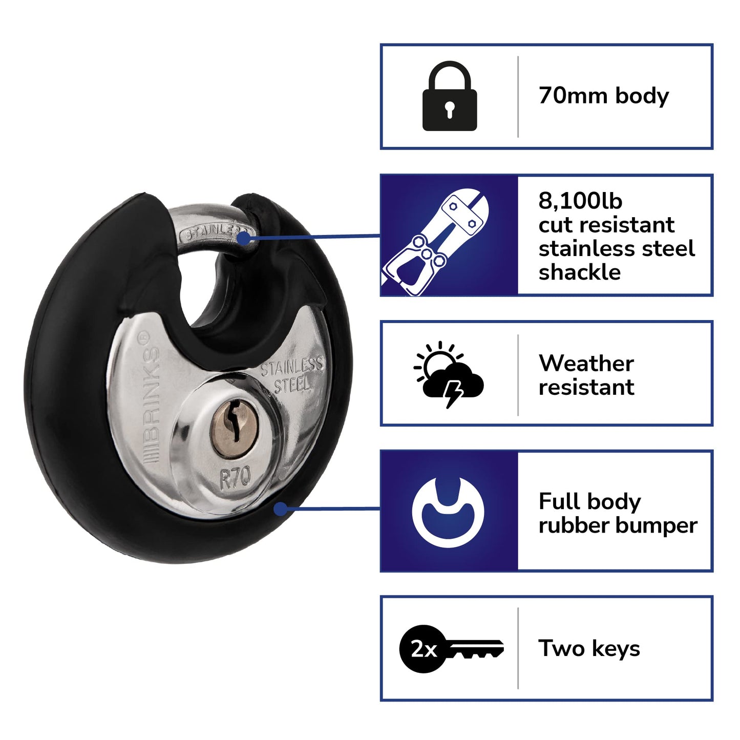 Brinks 673-70201 70mm Commercial Discus Lock with Stainless Steel Shackle, 2-Pack