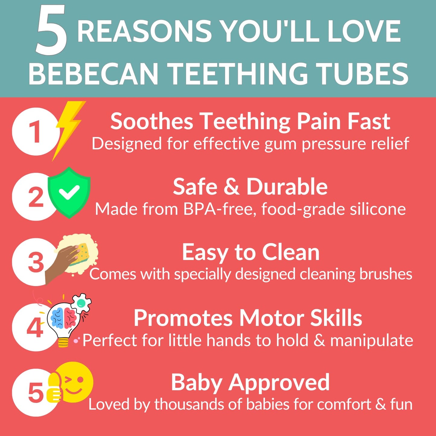 BEBECAN Teething Sticks for Babies 0-36 Months - Super Soft Silicone Teethers in 6 Vibrant Colors, Infant Teething Relief, Multicolored Teething Tubes Baby Gift Teethers