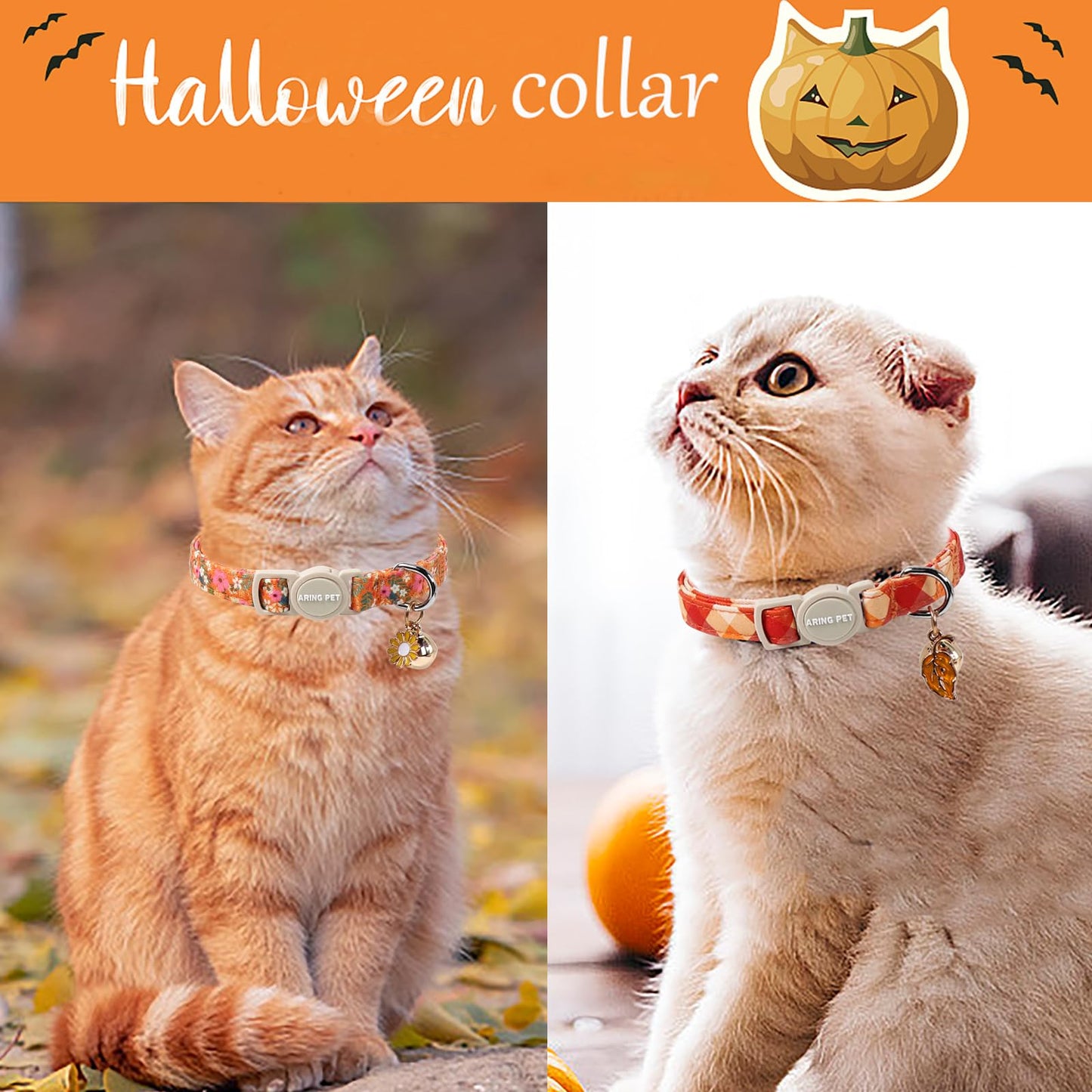 ARING PET 2 Pack Cat Collars, Breakaway Cotton Fall Halloween Kitten Collar with Bells for Girl Boy Cats Floral & Orange Plaid