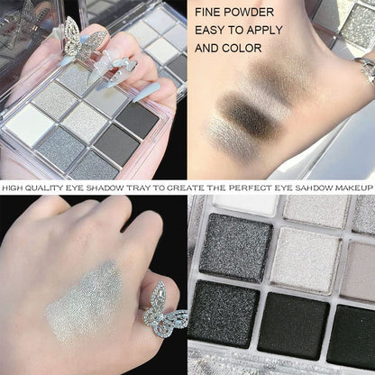 AMY'S DIARY Black Smokey Silver Glitter Shimmer Eye Eyeshadow Makeup Palette,9 Colors Cool Toned Matte Glitter Make Up Black Radiance Eyeshadow Palette Sombras De Ojos Profesional(A)