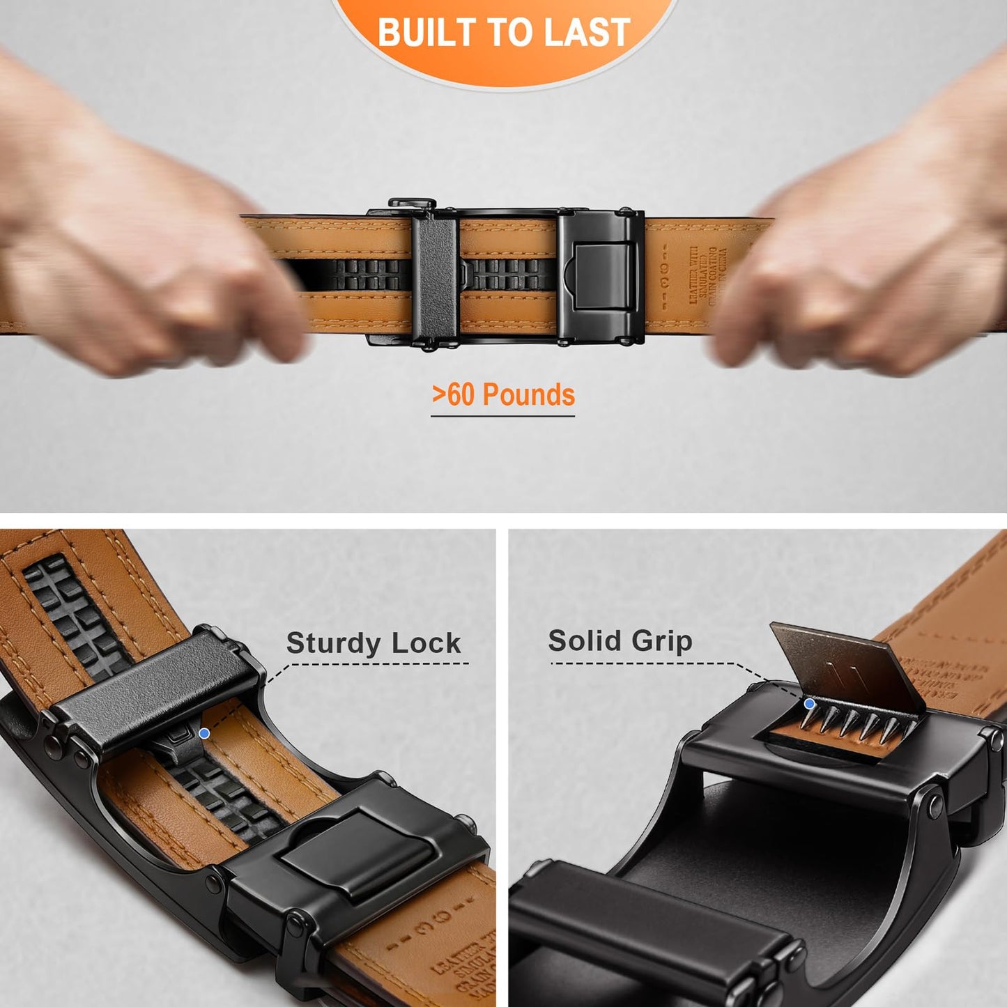 BULLIANT Mens Ratchet Belt,Leather Adjustable Slide Belt For Gift Mens Dress Casual 1 3/8",Size Adjustable(Deep Brown,32"-38" Waist Adjustable)