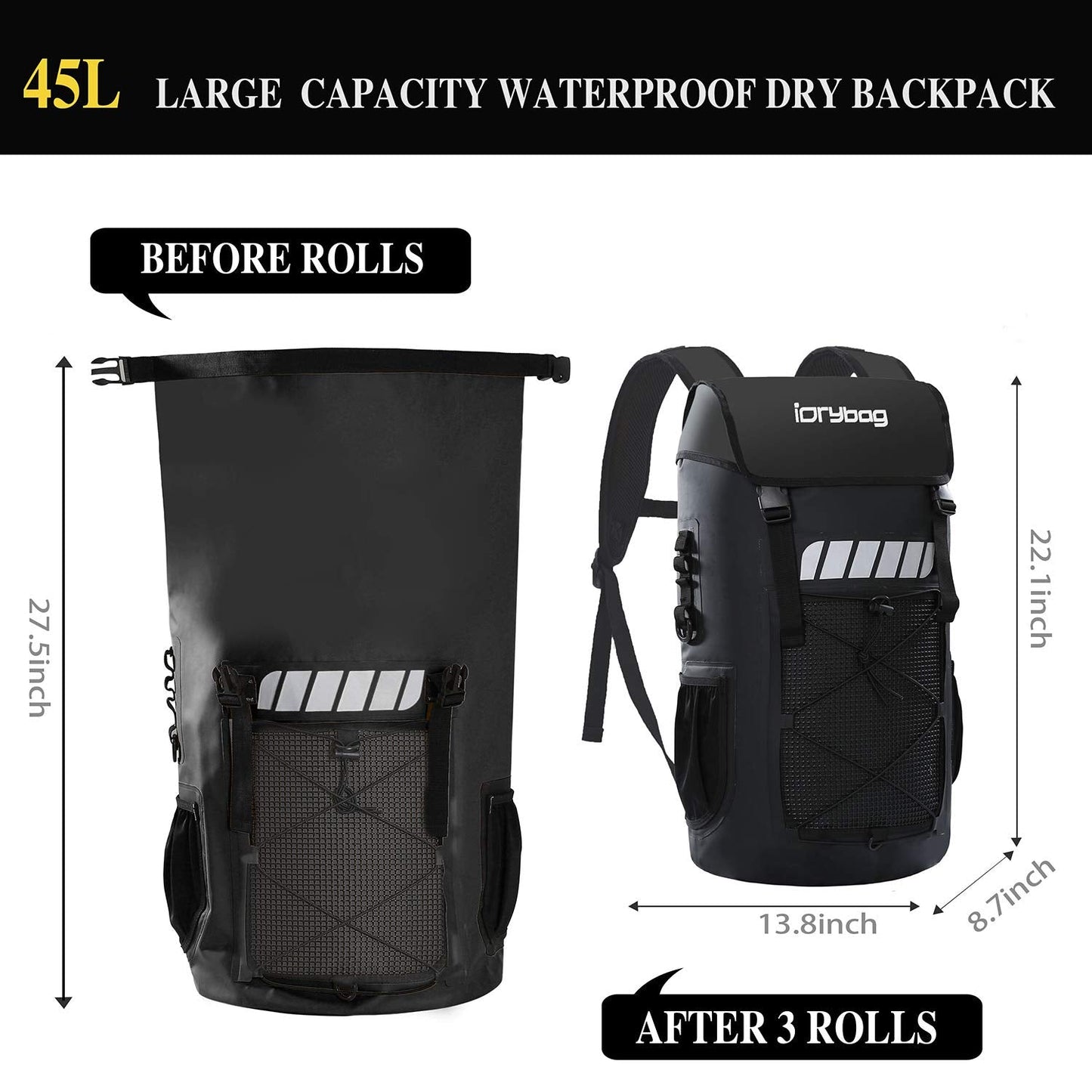 IDRYBAG Waterproof Backpack for Men 25L/45L, Dry Bags Kayak, Dry Backpack Camping Hiking