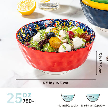 HENXFEN LEAD Ceramic Cereal, Soup Bowls Set of 6-25 Oz Porcelain Serving Bowls for Dinner, Pasta, Salad, Oatmeal, Microwave & Dishware Safe - Bohemian Style