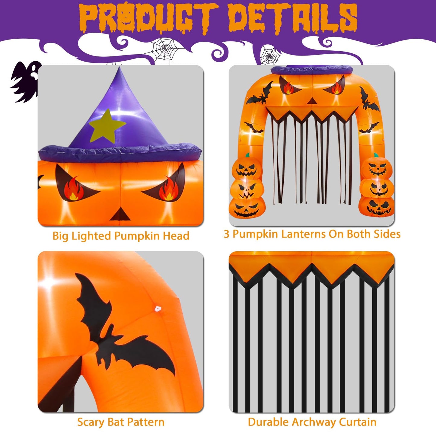 AerWo 12FT Tall Halloween Inflatables Archway Giant Arch, Pumpkin Blow Up With Built-in LED Lights for Outdoor Decorations, Holiday Yard Lawn Garden Party Decor