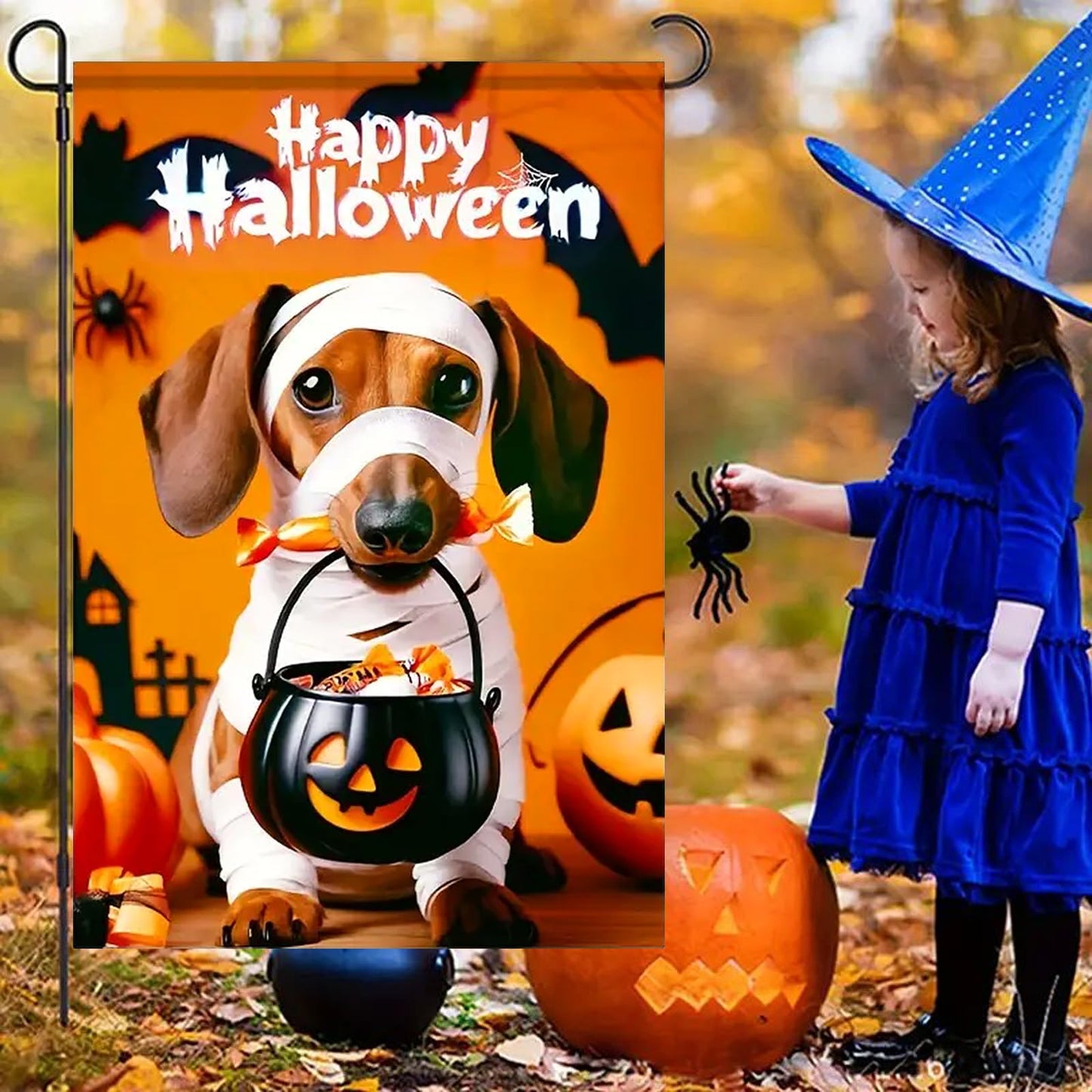 abzdfty Halloween Dog Garden Flag 12x18 Inch Double Sided Happy Halloween Pumpkin Garden Flags Yard Flag for Outside, Patio, Porch and Lawn