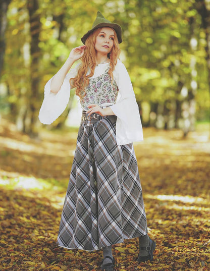 Women Plaid Skirt High Waisted Victorian Vintage Maxi Skirts for Halloween Grey L