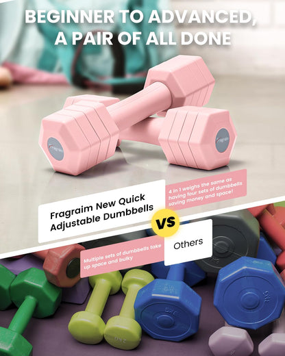 Adjustable Dumbbells Set, 4 in 1 Hand Weights Set for Women Men 10 LB Dumbbell Pair Each 2lbs 3lbs 4lbs 5lbs Weights Dumbbells Set with TPU Soft Rubber Handle for Home Gym Exercise Fitness - Pink