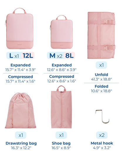 BAGSMART Hanging Compression Packing Cubes for Closet Organizers And Storage, 6 Set Suitcase Organizer Bags, Cruise Travel Essentials for Women, Baby Pink