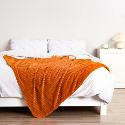 Bnuitland Burnt Orange Flannel Throw (50X71 inches) with Pillow Cover(18×18"),300GSM Super Soft Fleece Stripe Pattern Sofa Blanket, Lightweight Cozy Bed Throw for Home Decor All Season