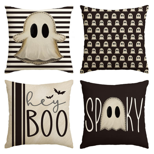 AVOIN colorlife Halloween Hey Boo Cute Ghost Spooky Throw Pillow Covers, 18 x 18 Inch Horror Scary Cushion Case for Sofa Couch Set of 4, Black