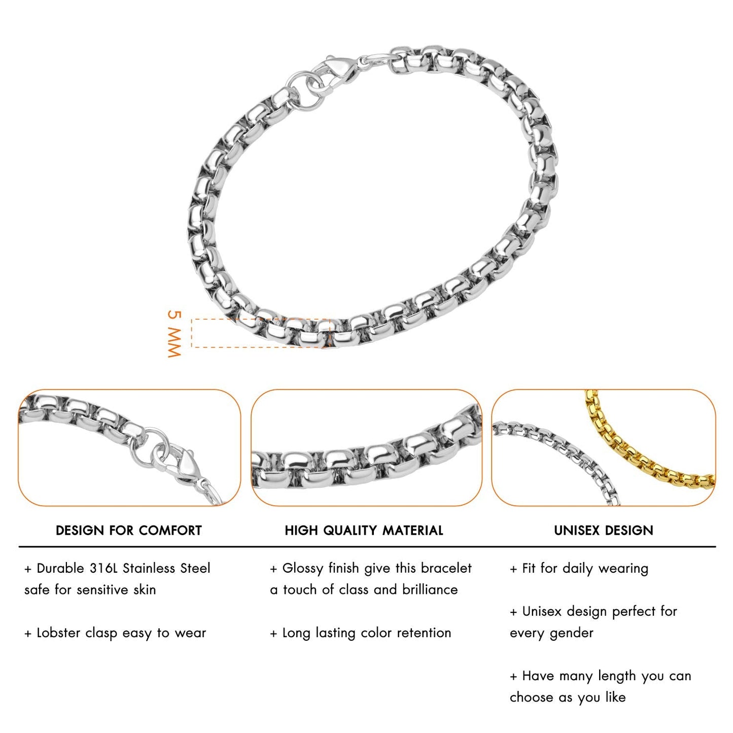 555Jewelry 5mm Stainless Steel Box Chain Bracelet for Men & Women, Stainless Steel Bracelet for Men, Bracelet Chain For Men, Sliver, 8.25 Inch