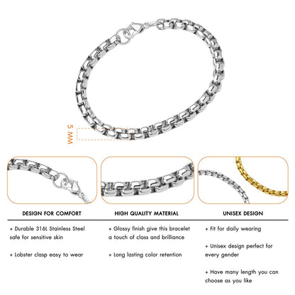 555Jewelry 5mm Stainless Steel Box Chain Bracelet for Men & Women, Stainless Steel Bracelet for Men, Bracelet Chain For Men, Sliver, 8.25 Inch